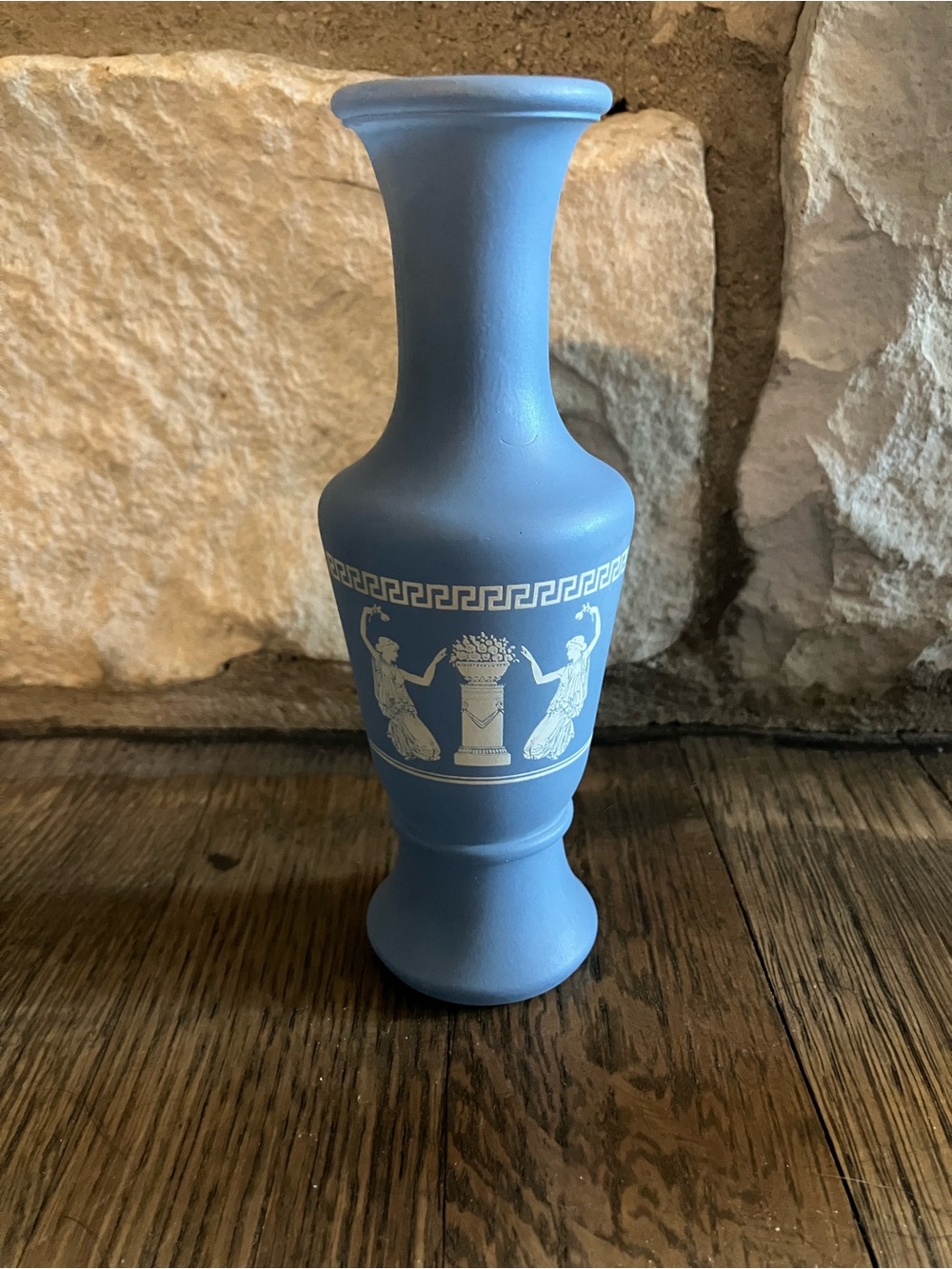 Vintage Avon Jasperware Hellenic blue glass vase featuring white figures